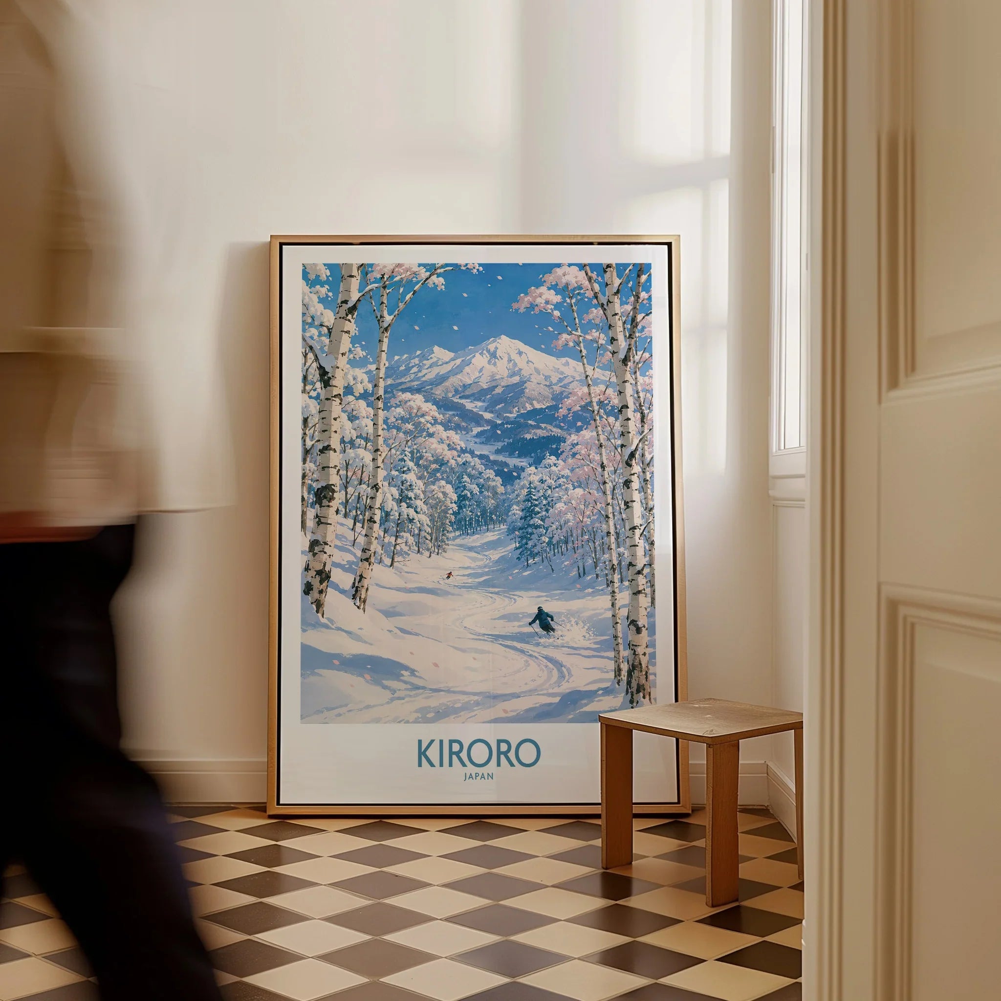 Kiroro Japan Powder Run Wall Art — framed canvas on floor man walking past