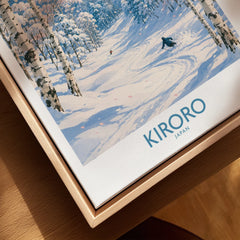 Kiroro Japan Powder Run Wall Art — closeup framed canvas natural wood floating frame