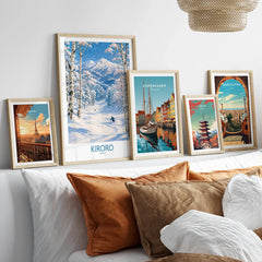Kiroro Japan Powder Run Wall Art — set five framed artprints above bed natural wood frames