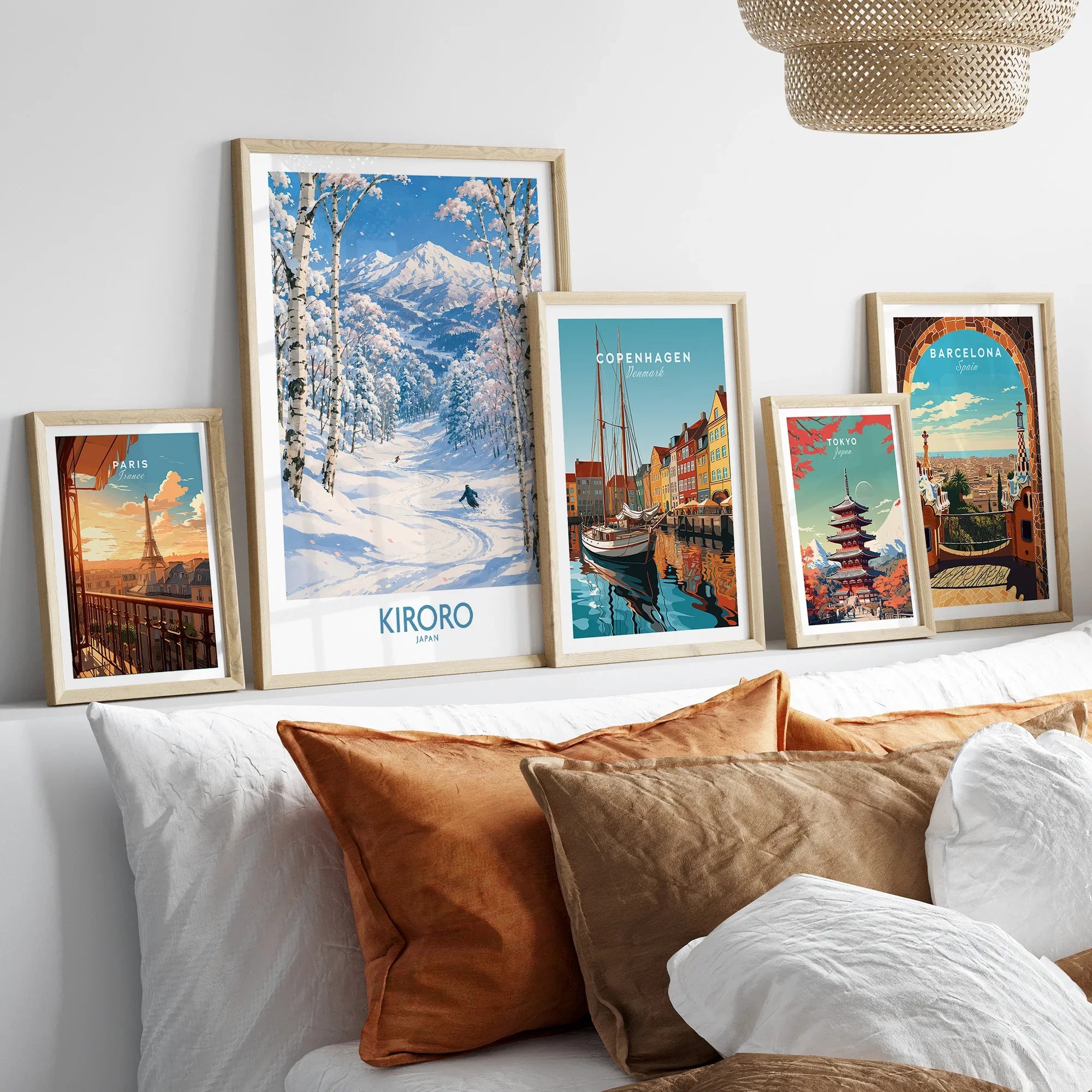 Kiroro Japan Powder Run Wall Art — set five framed artprints above bed natural wood frames