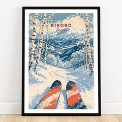 Kiroro Japan Mountains Travel Poster — art print in black frame on wooden floor