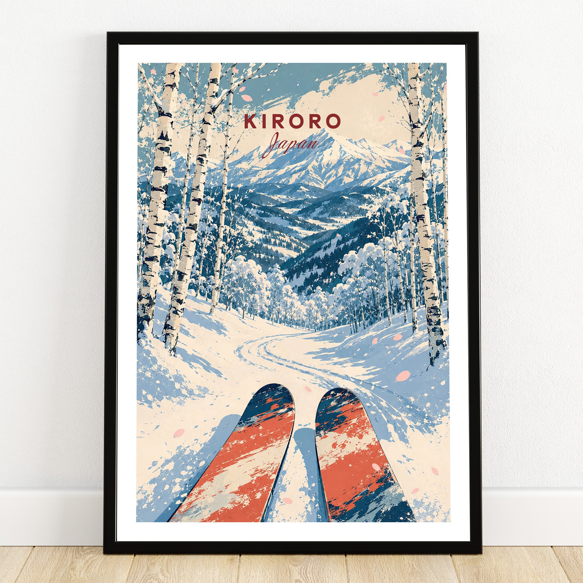 Kiroro Japan Mountains Travel Poster — art print in black frame on wooden floor