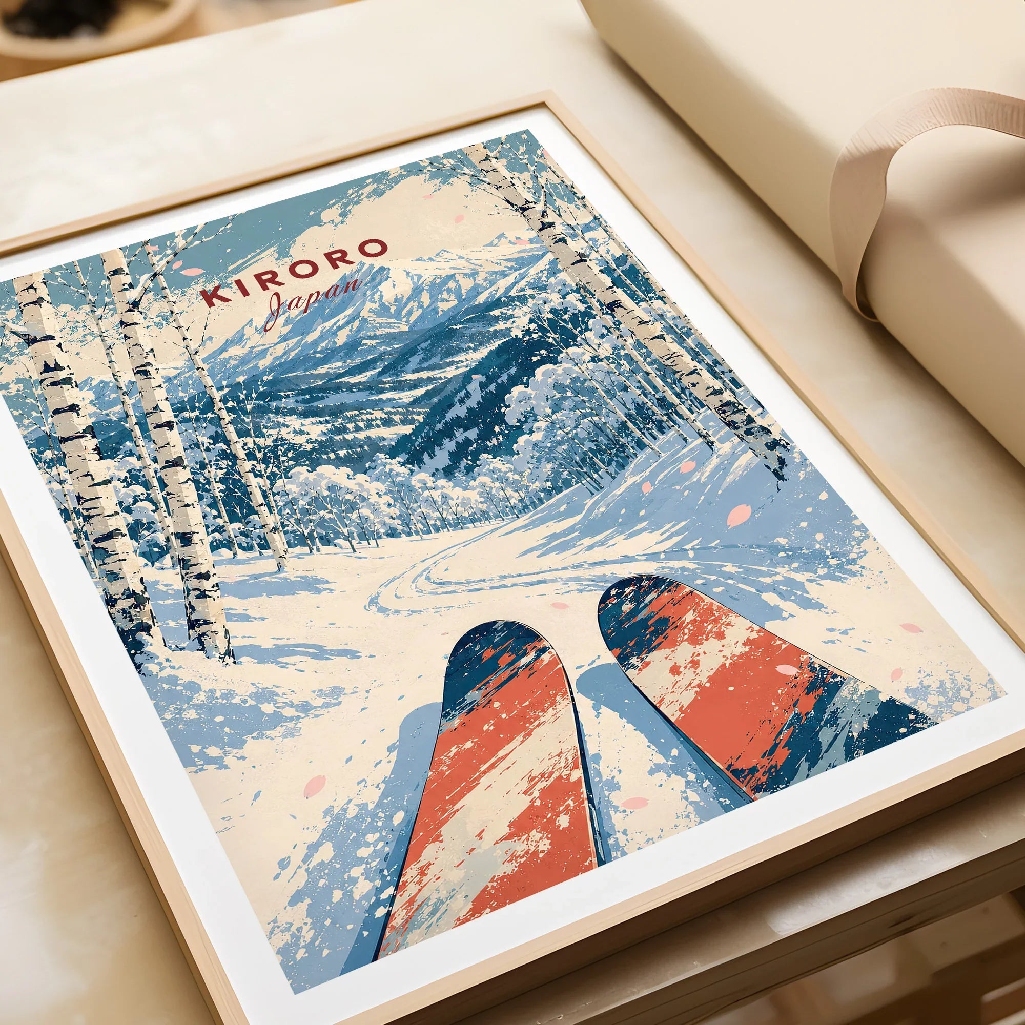 Kiroro Japan Mountains Travel Poster — framed art print closeup gift unwrapped natural frame