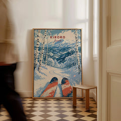 Kiroro Japan Mountains Travel Poster — framed canvas on floor man walking past