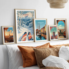Kiroro Japan Mountains Travel Poster — set five framed artprints above bed natural wood frames