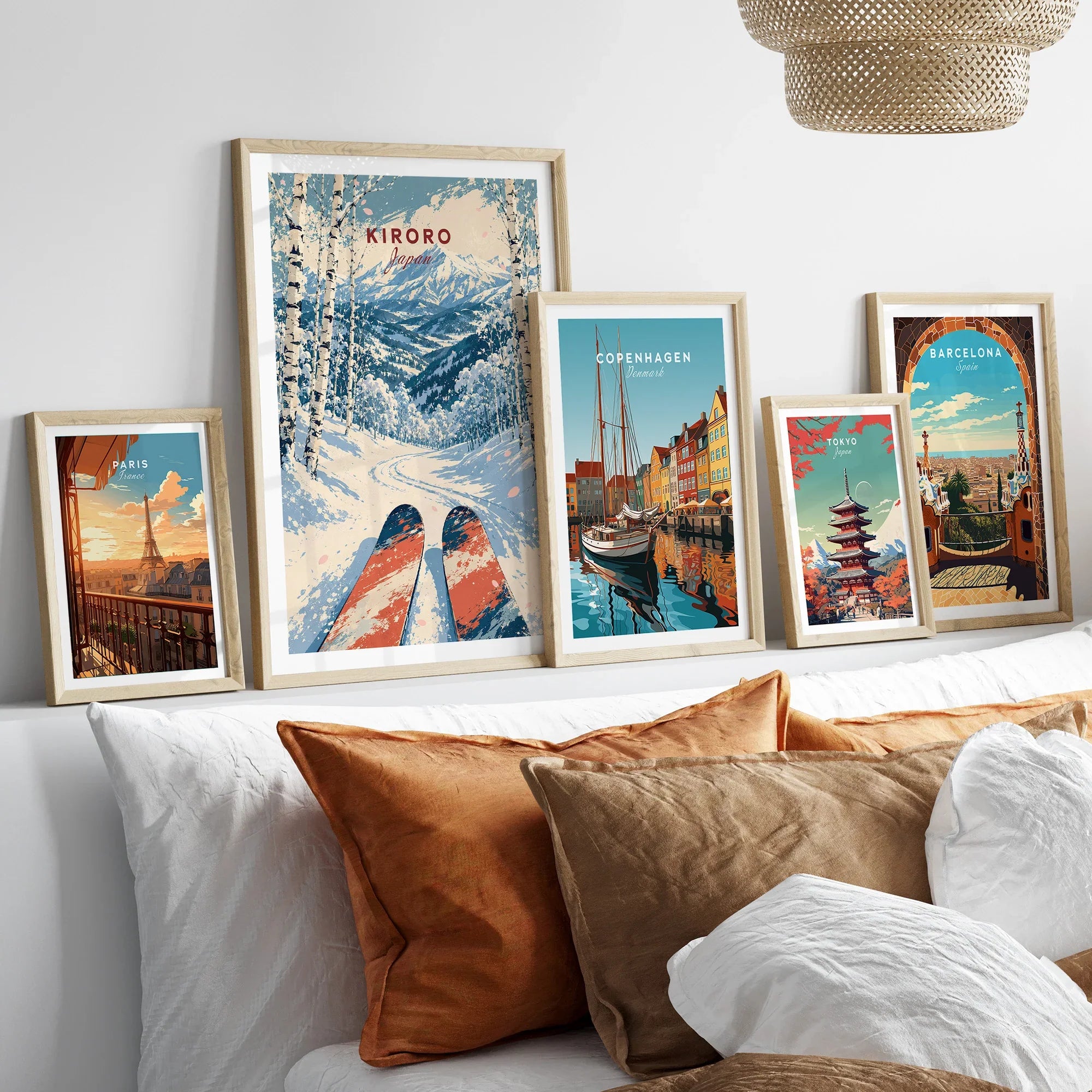 Kiroro Japan Mountains Travel Poster — set five framed artprints above bed natural wood frames