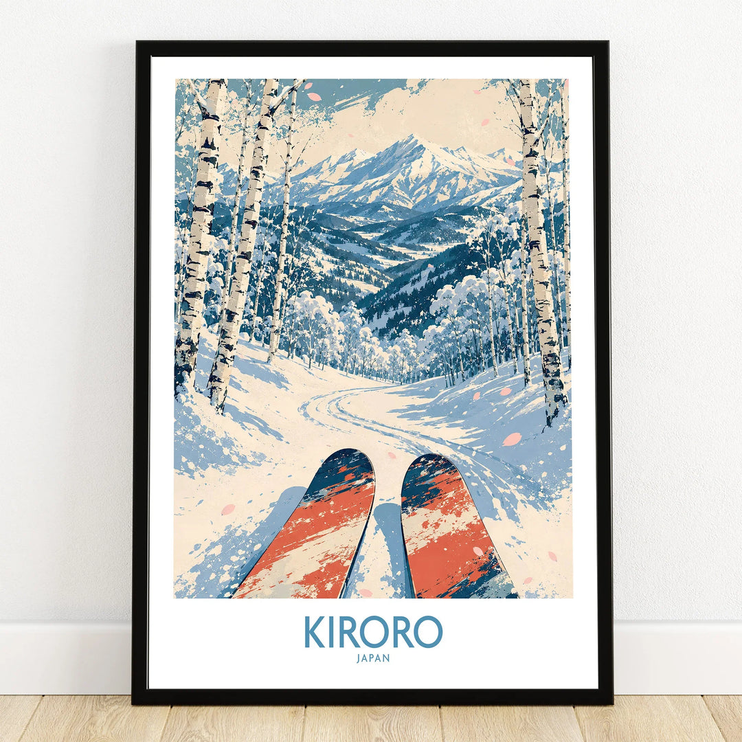 Kiroro Japan Ski Run Wall Art — art print in black frame on wooden floor
