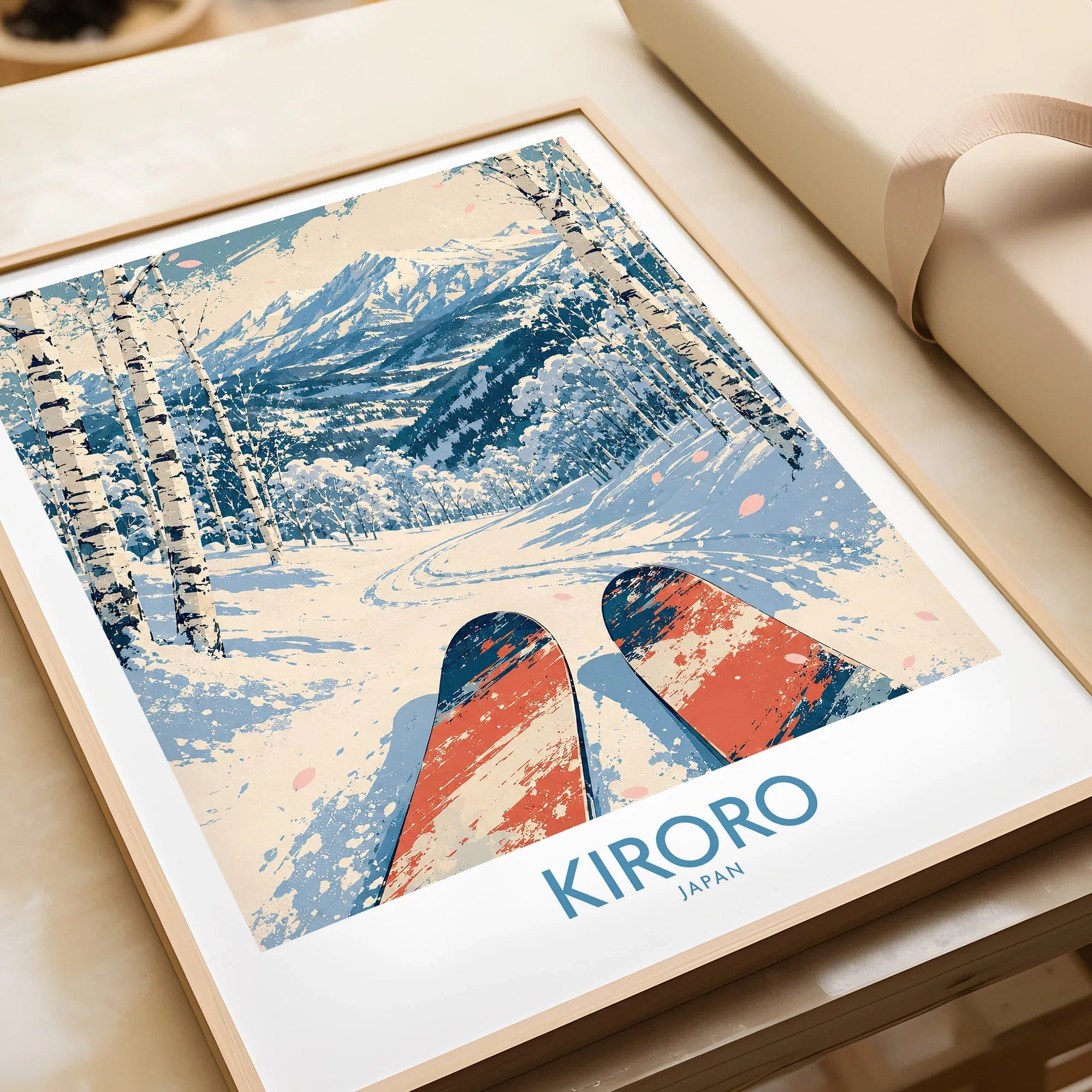 Kiroro Japan Ski Run Wall Art — framed art print closeup gift unwrapped natural frame