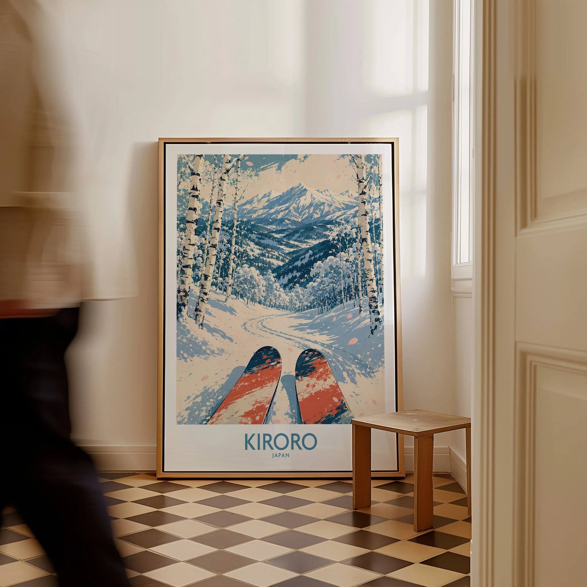 Kiroro Japan Ski Run Wall Art — framed canvas on floor man walking past