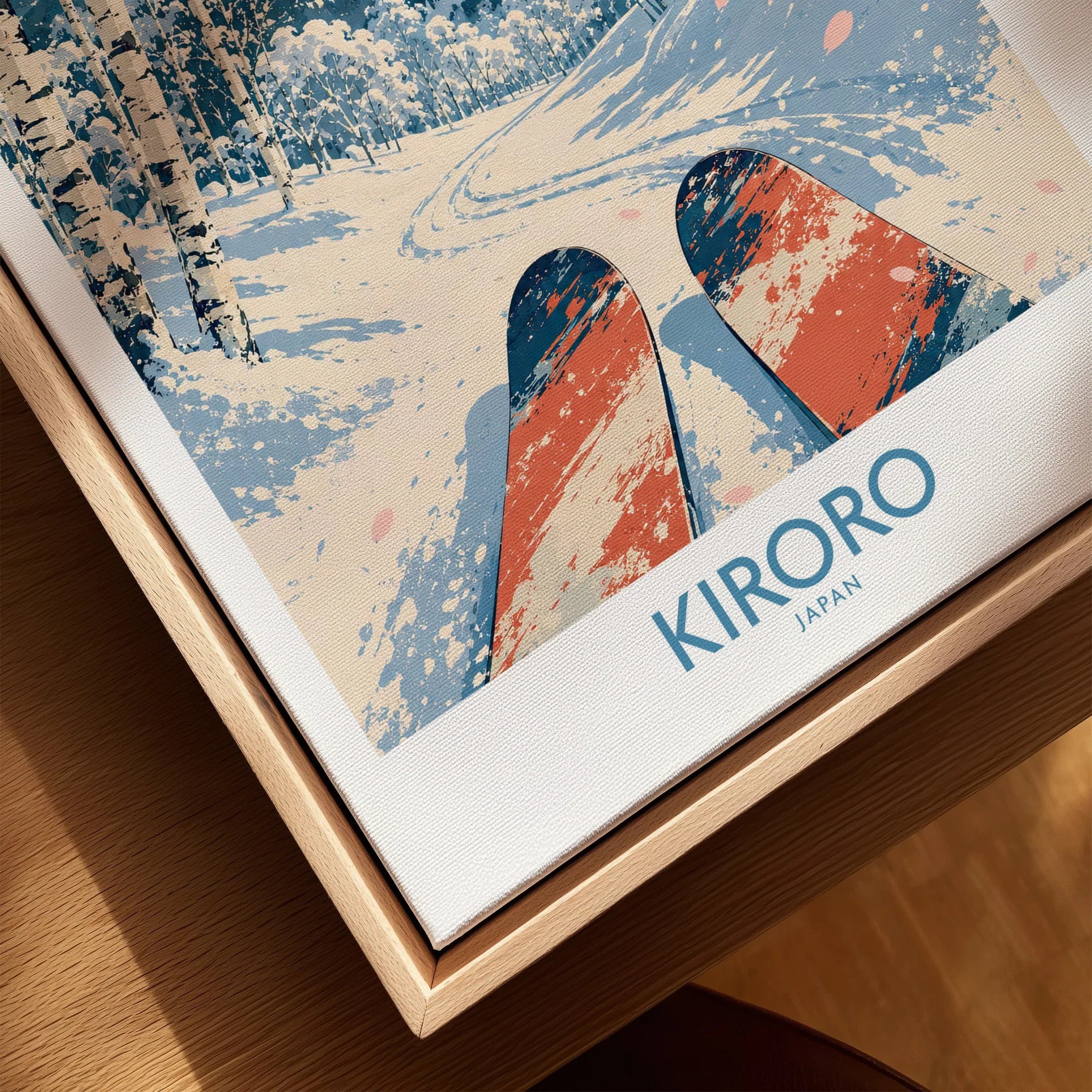 Kiroro Japan Ski Run Wall Art — closeup framed canvas natural wood floating frame