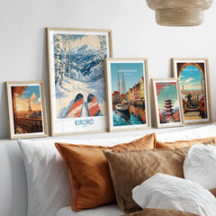 Kiroro Japan Ski Run Wall Art — set five framed artprints above bed natural wood frames
