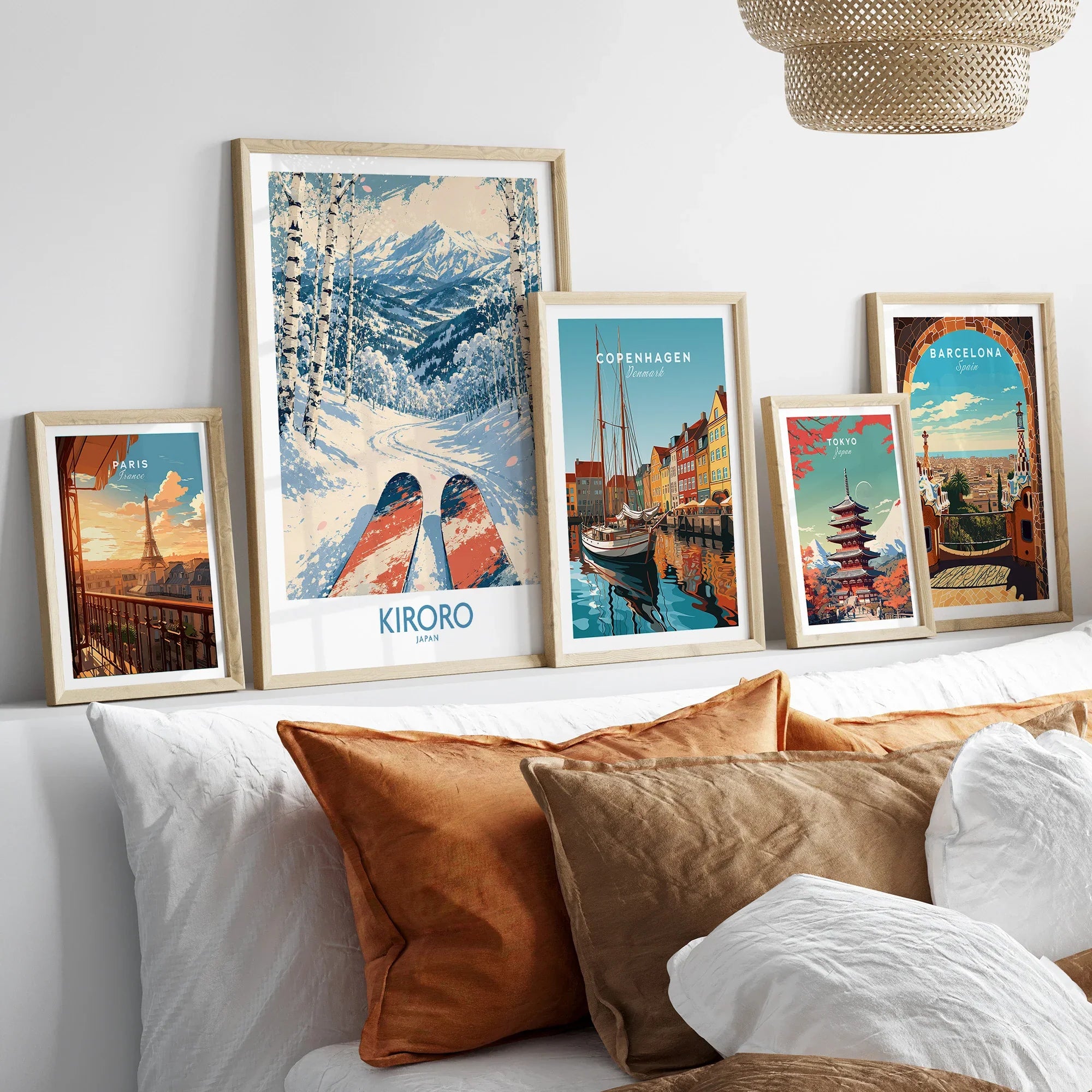 Kiroro Japan Ski Run Wall Art — set five framed artprints above bed natural wood frames