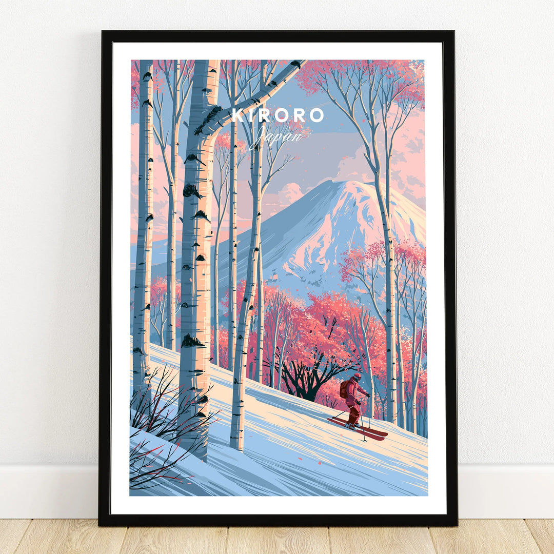 Kiroro Japan Peak Travel Poster — art print in black frame on wooden floor
