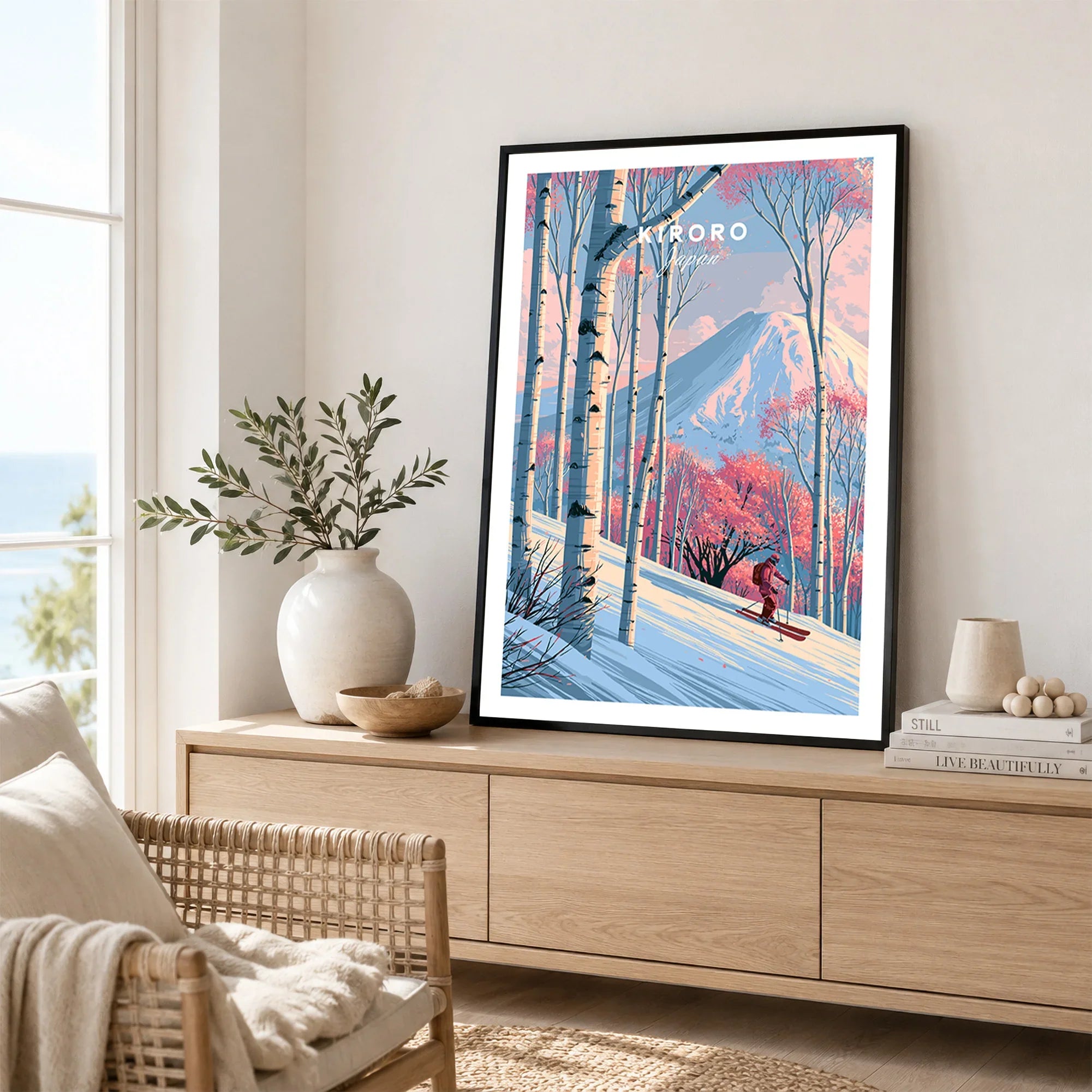 Kiroro Japan Peak Travel Poster — framed artwork living room lifestyle setting