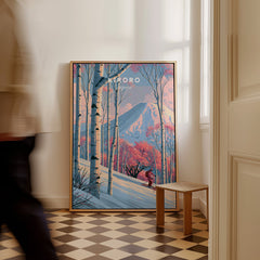 Kiroro Japan Peak Travel Poster — framed canvas on floor man walking past