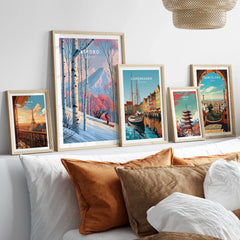 Kiroro Japan Peak Travel Poster — set five framed artprints above bed natural wood frames