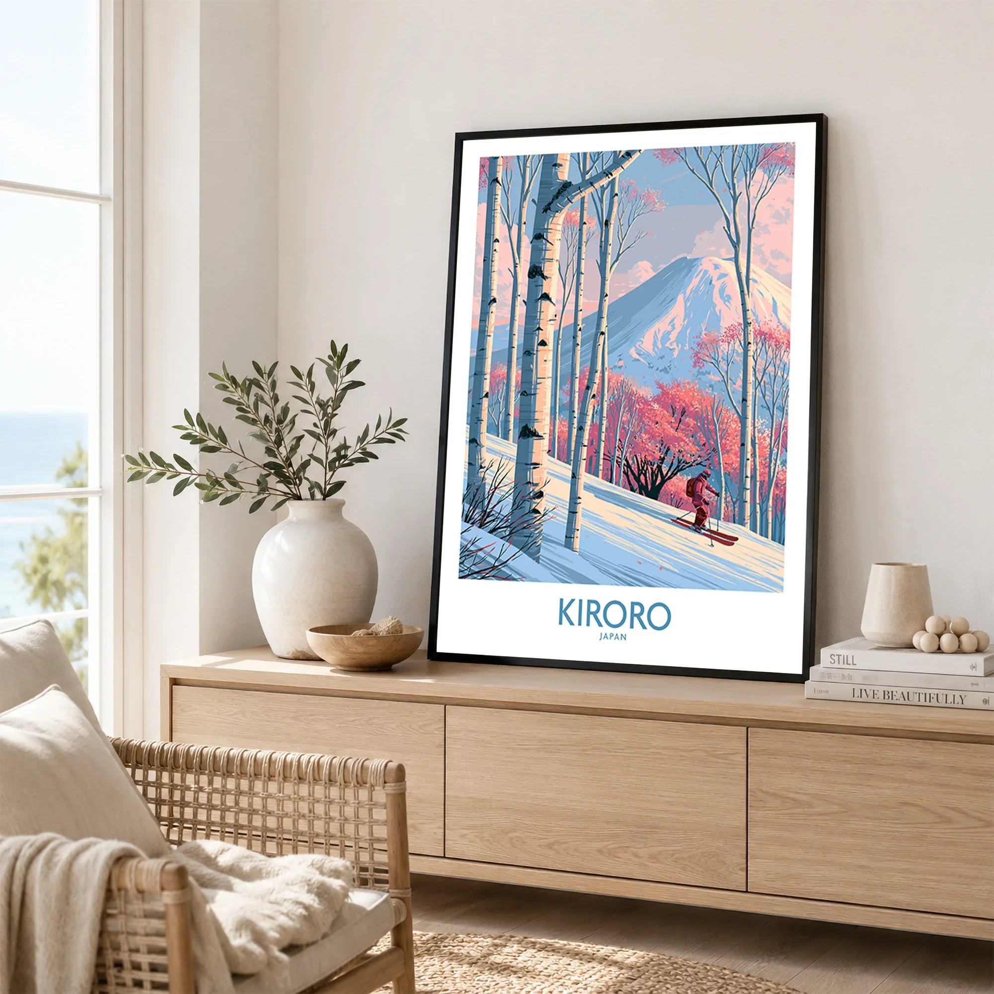 Kiroro Japan Birch Slopes Wall Art — framed artwork living room lifestyle setting