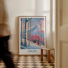 Kiroro Japan Birch Slopes Wall Art — framed canvas on floor man walking past