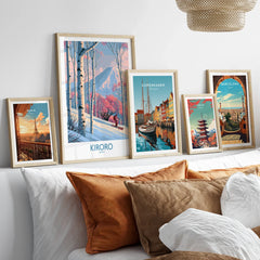 Kiroro Japan Birch Slopes Wall Art — set five framed artprints above bed natural wood frames