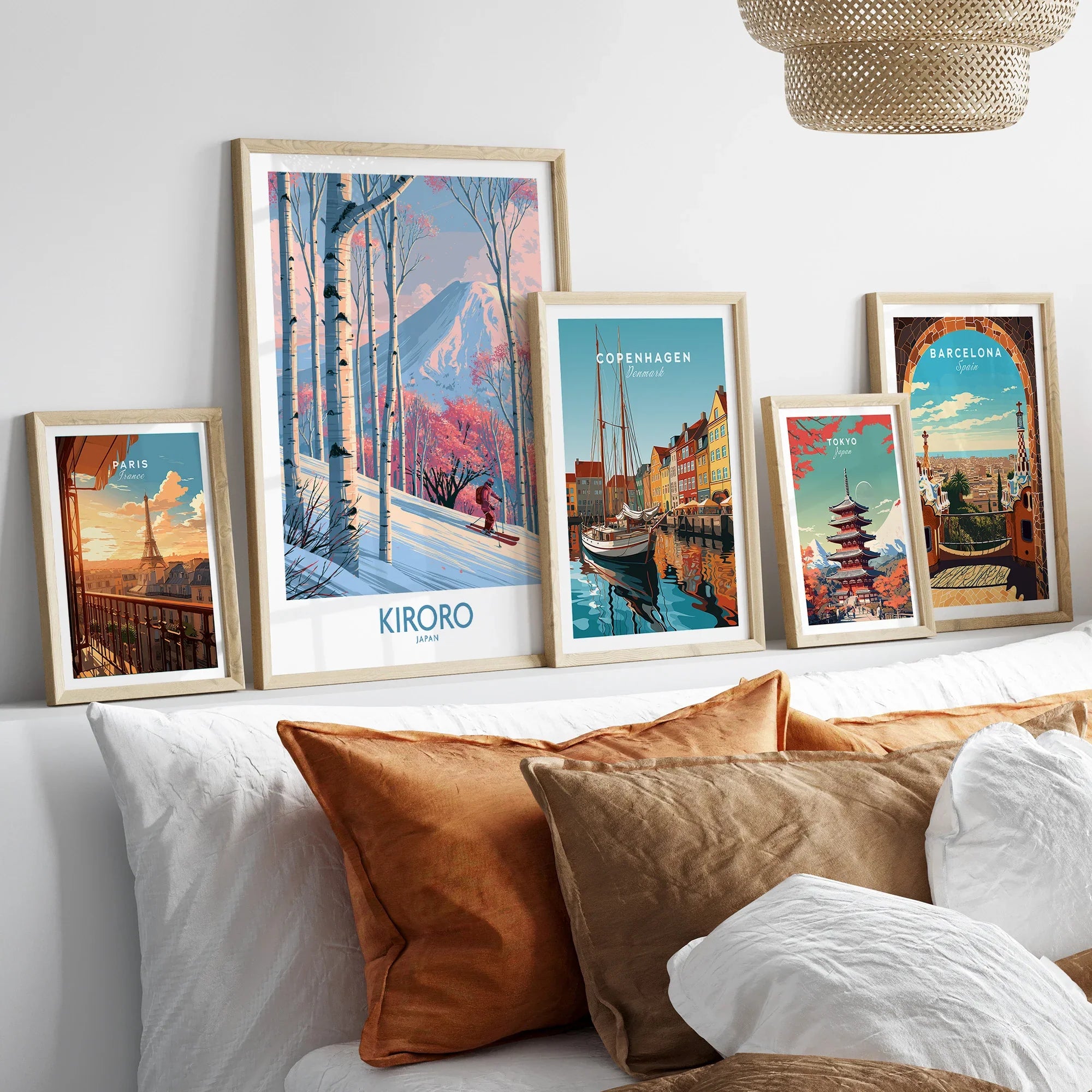 Kiroro Japan Birch Slopes Wall Art — set five framed artprints above bed natural wood frames