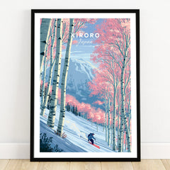 Kiroro Japan Backcountry Travel Poster — art print in black frame on wooden floor