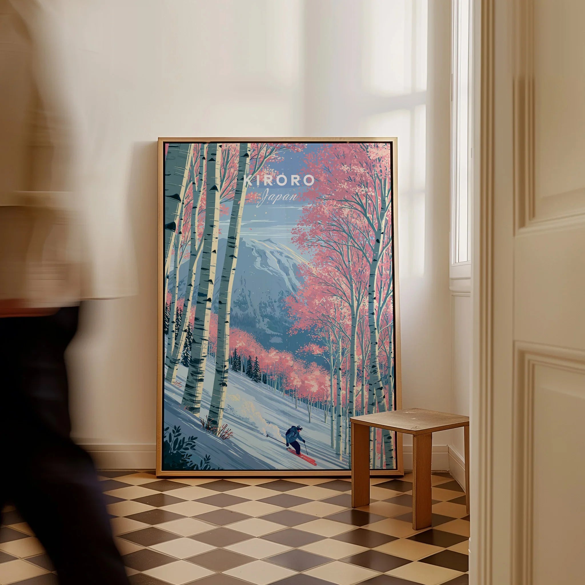 Kiroro Japan Backcountry Travel Poster — framed canvas on floor man walking past