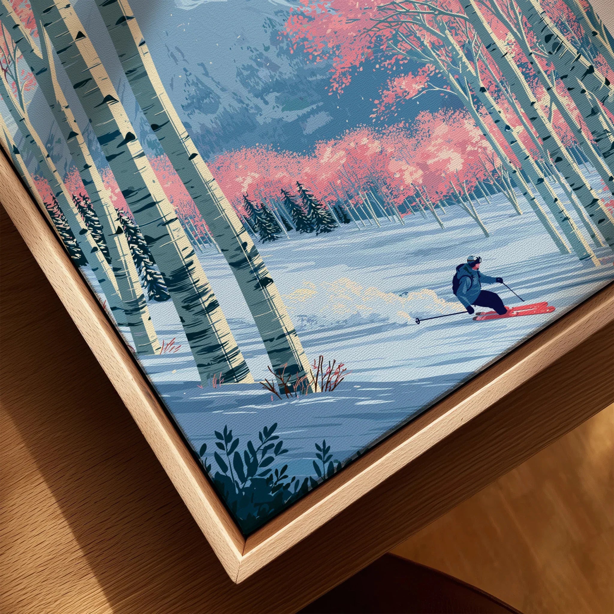 Kiroro Japan Backcountry Travel Poster — closeup framed canvas natural wood floating frame
