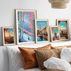Kiroro Japan Backcountry Travel Poster — set five framed artprints above bed natural wood frames