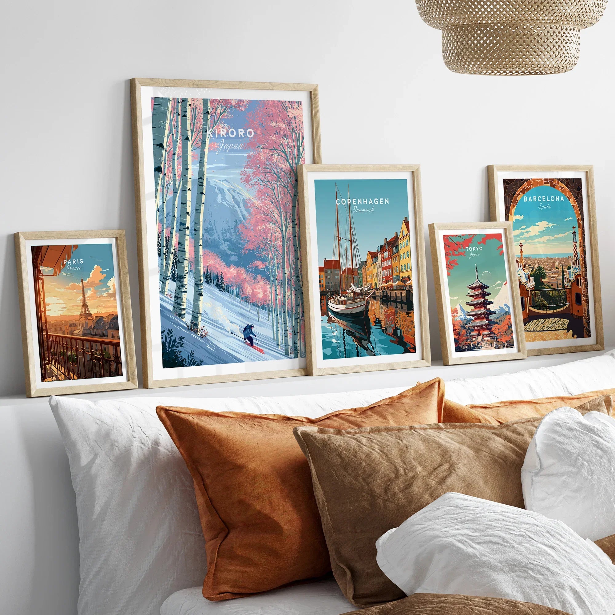 Kiroro Japan Backcountry Travel Poster — set five framed artprints above bed natural wood frames