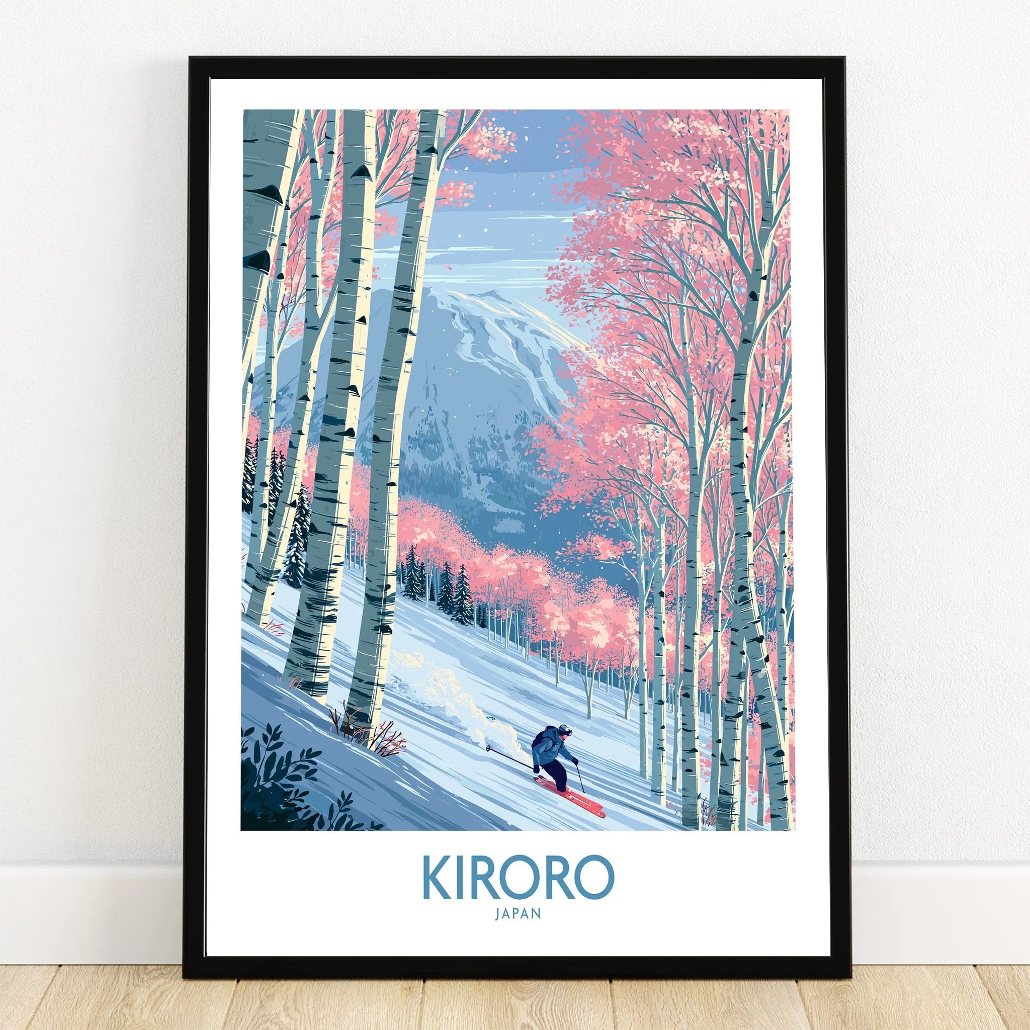 Kiroro Japan Cherry Blossom Wall Art — art print in black frame on wooden floor