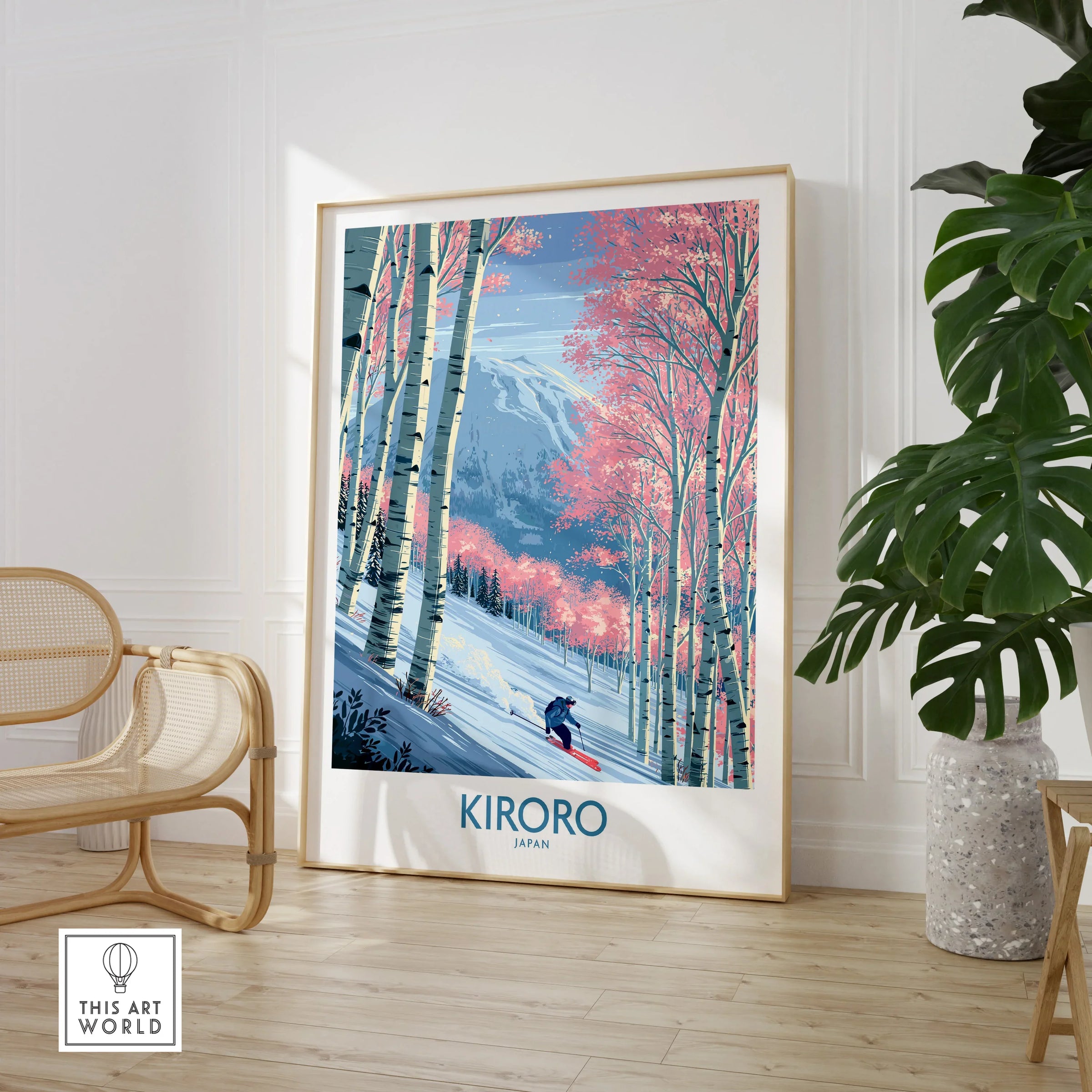 Kiroro Japan Cherry Blossom Wall Art — large framed print room setting chair plant