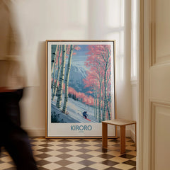 Kiroro Japan Cherry Blossom Wall Art — framed canvas on floor man walking past