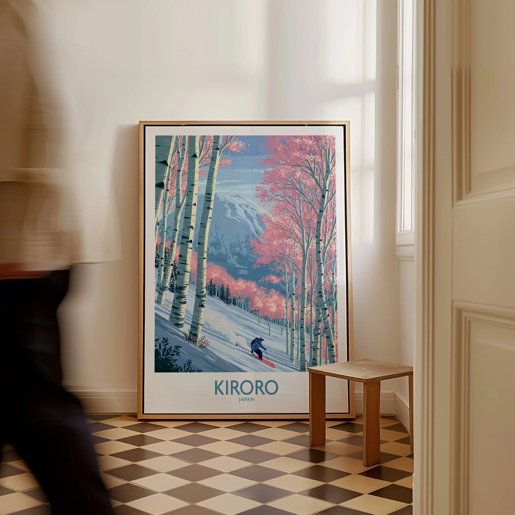 Kiroro Japan Cherry Blossom Wall Art — framed canvas on floor man walking past