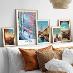 Kiroro Japan Cherry Blossom Wall Art — set five framed artprints above bed natural wood frames