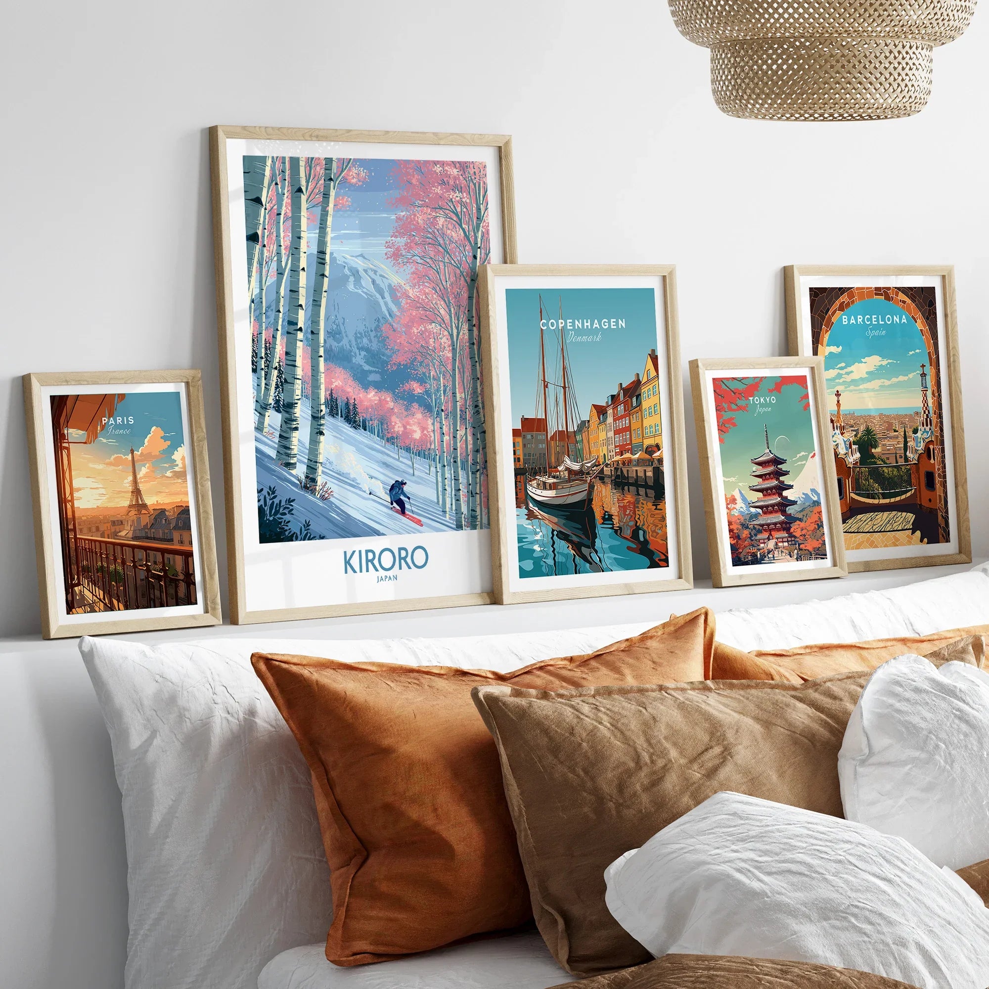 Kiroro Japan Cherry Blossom Wall Art — set five framed artprints above bed natural wood frames