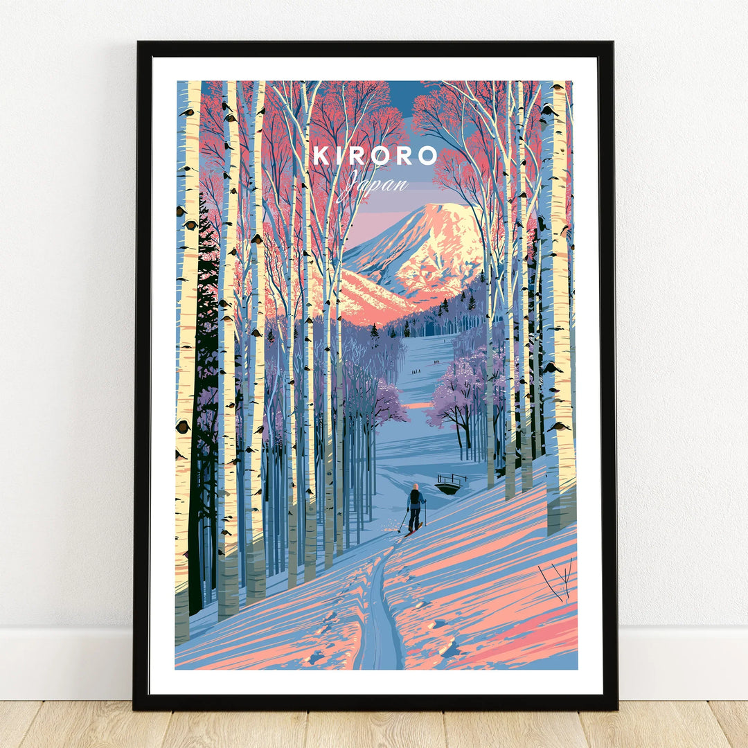 Kiroro Japan Birch Forest Travel Poster — art print in black frame on wooden floor