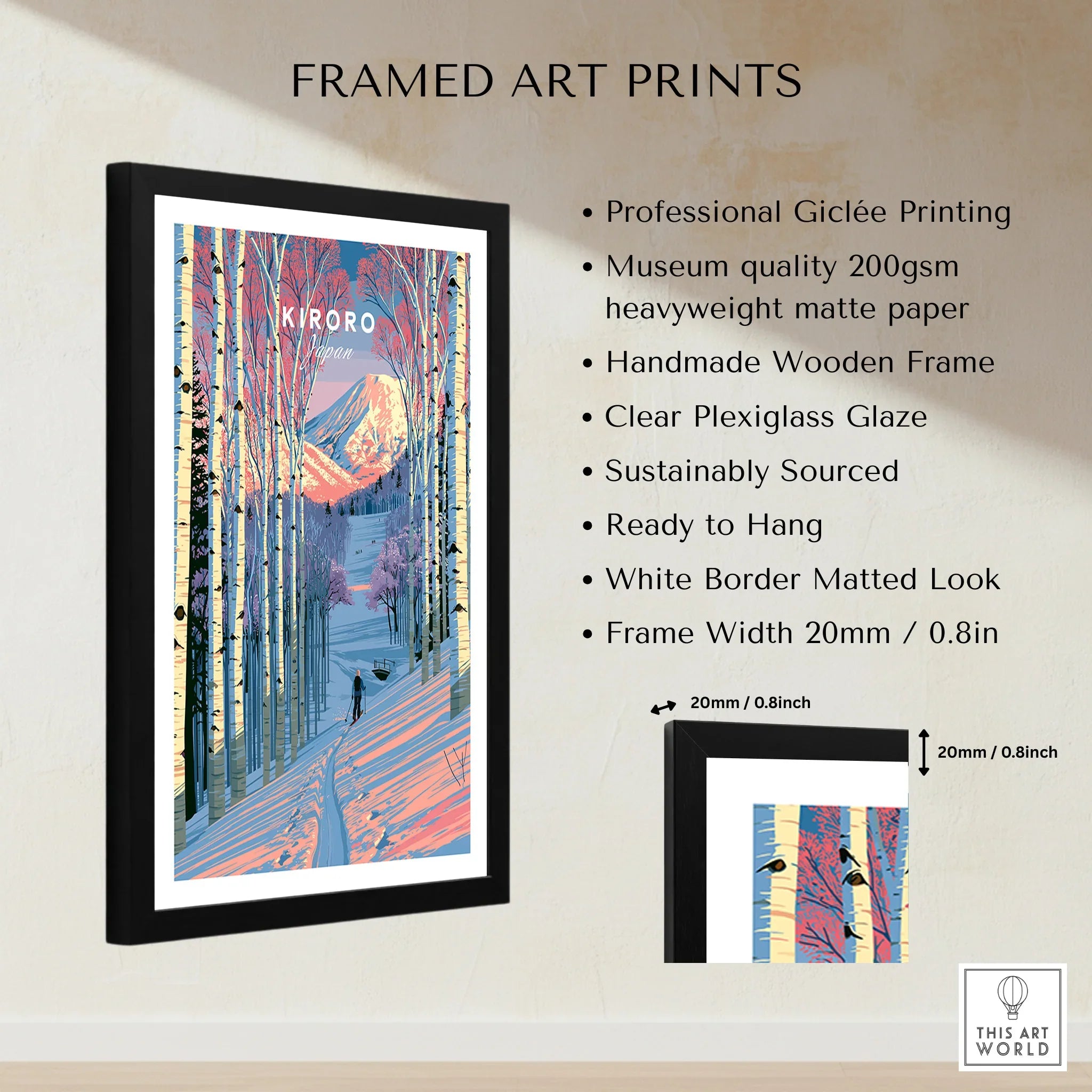 Kiroro Japan Birch Forest Travel Poster — framed print details measurements quality details
