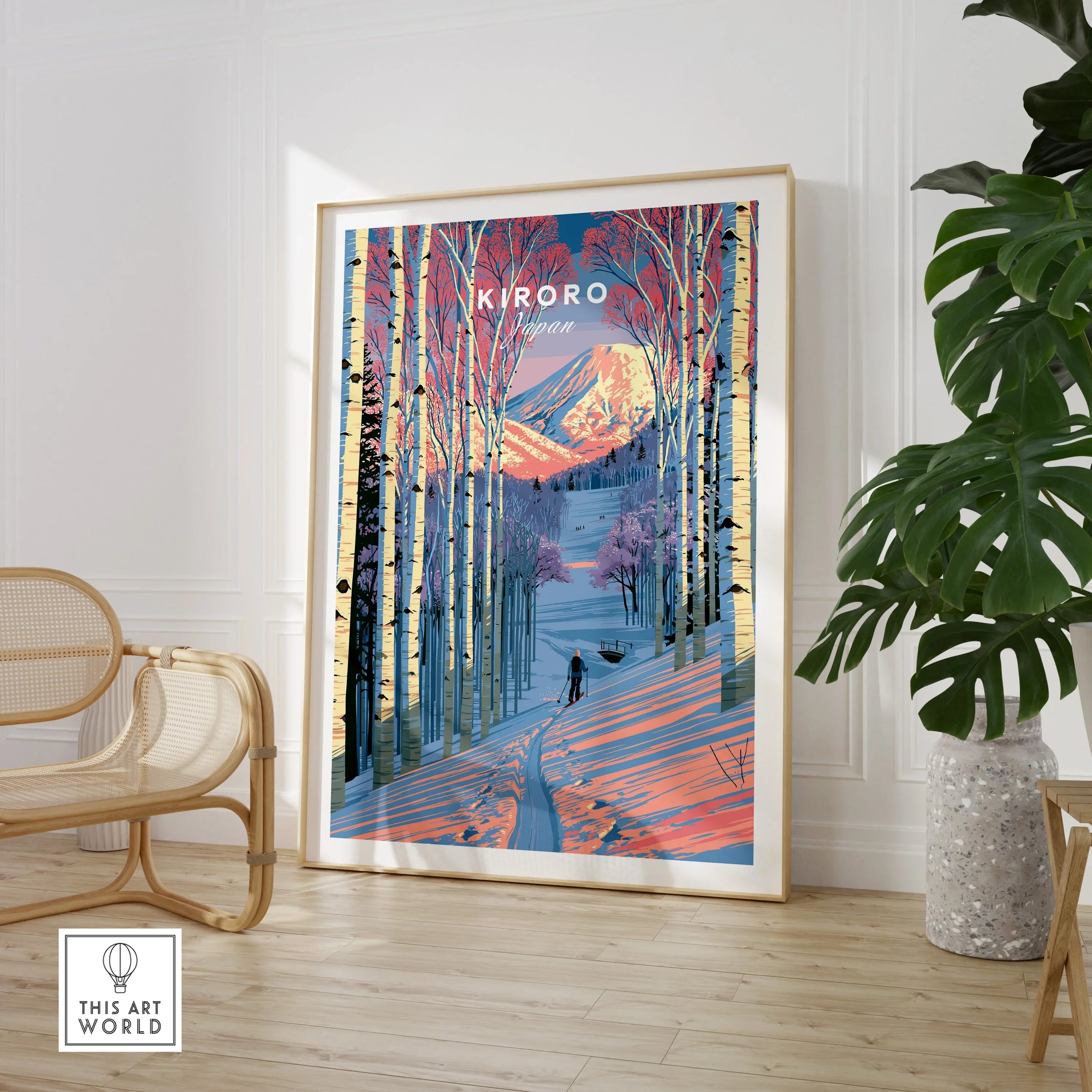 Kiroro Japan Birch Forest Travel Poster — large framed print room setting chair plant