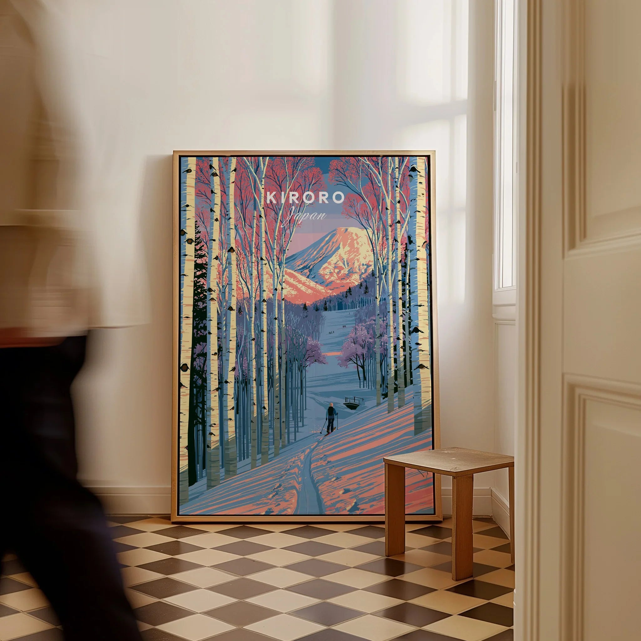 Kiroro Japan Birch Forest Travel Poster — framed canvas on floor man walking past