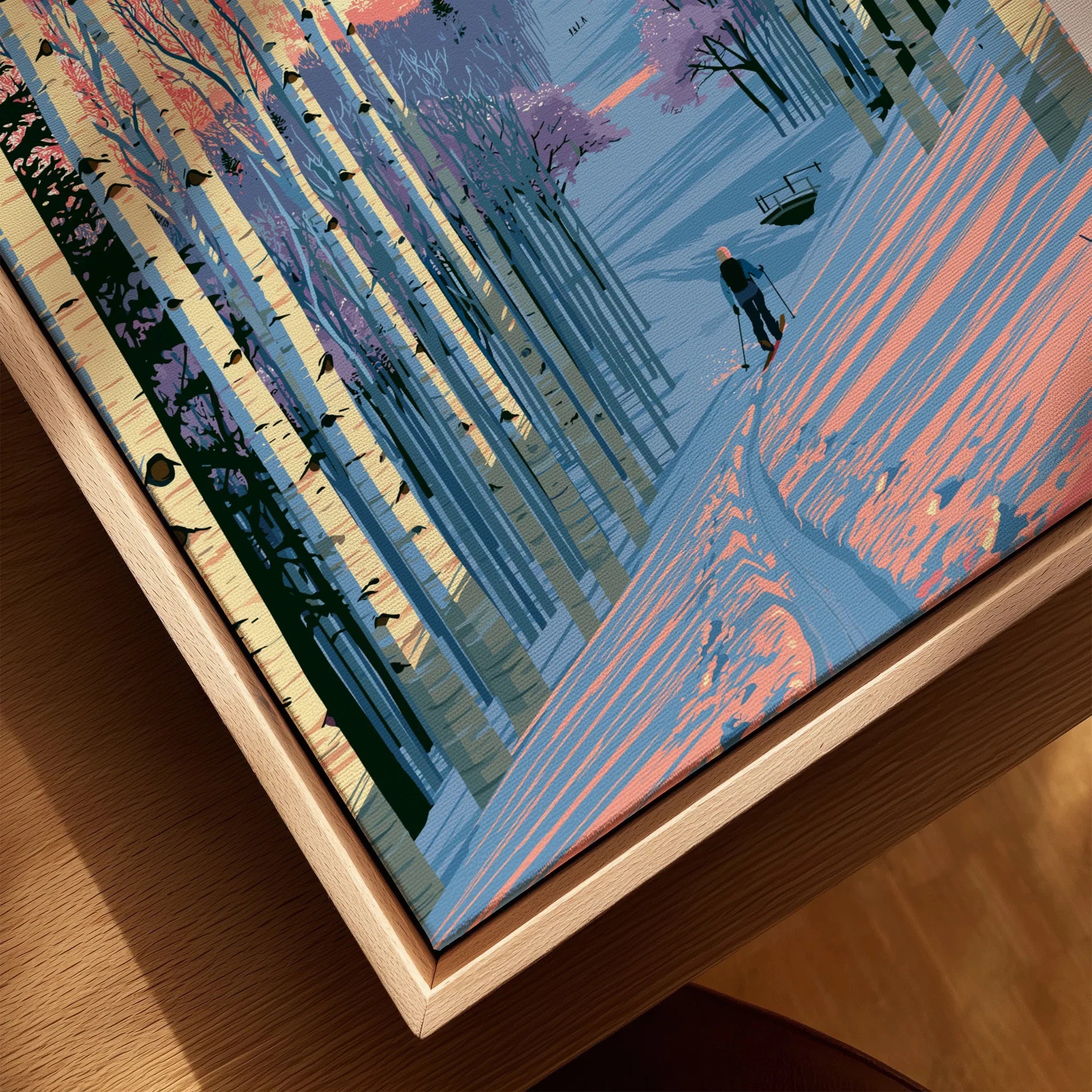 Kiroro Japan Birch Forest Travel Poster — closeup framed canvas natural wood floating frame