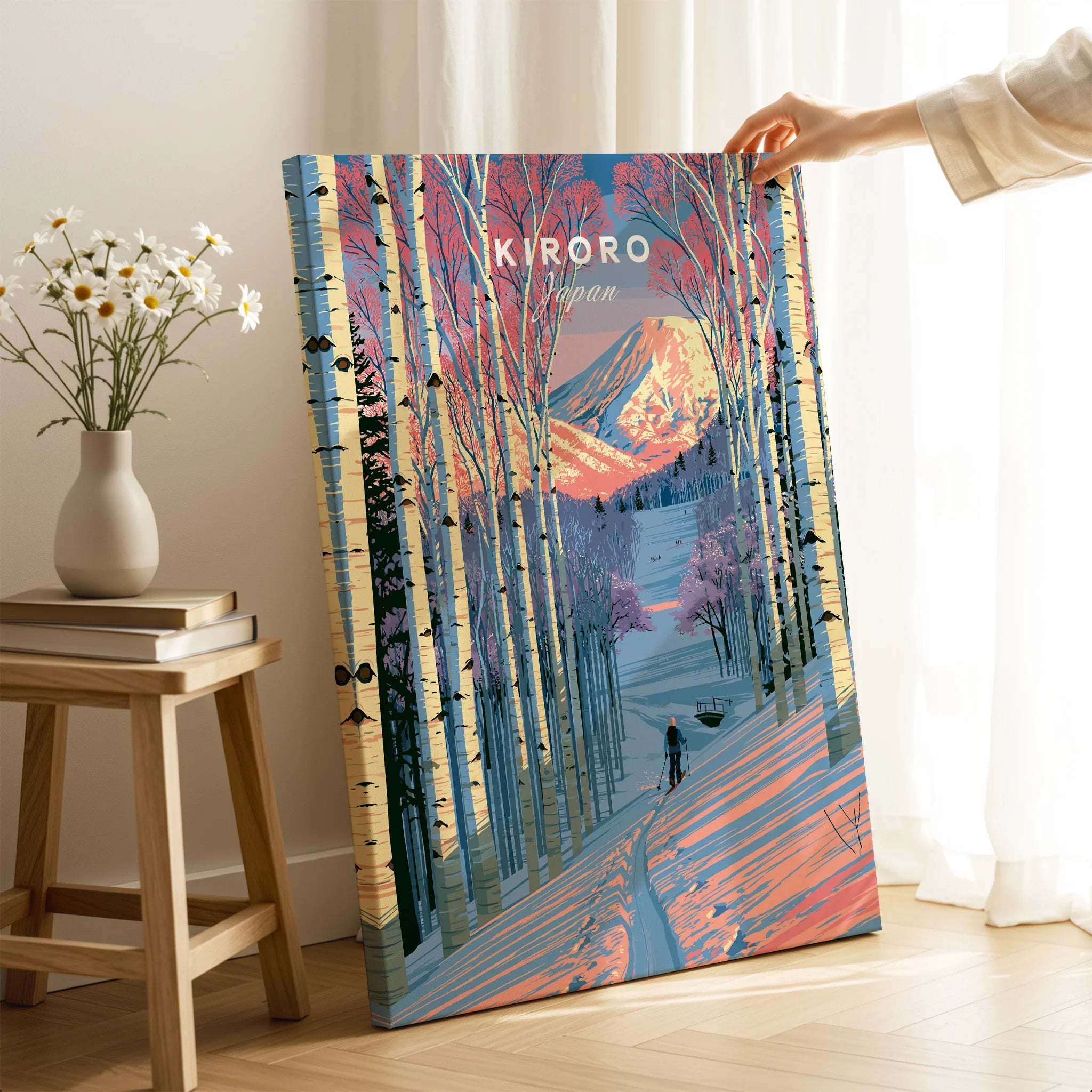 Kiroro Japan Birch Forest Travel Poster — canvas print mirror edge hand holding room setting