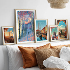 Kiroro Japan Birch Forest Travel Poster — set five framed artprints above bed natural wood frames