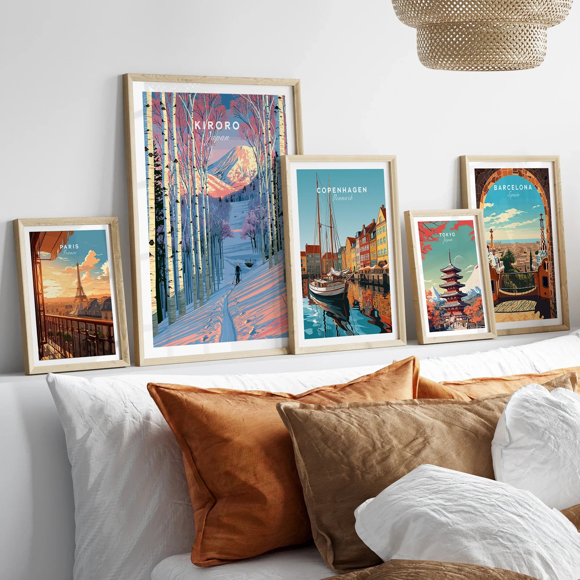 Kiroro Japan Birch Forest Travel Poster — set five framed artprints above bed natural wood frames