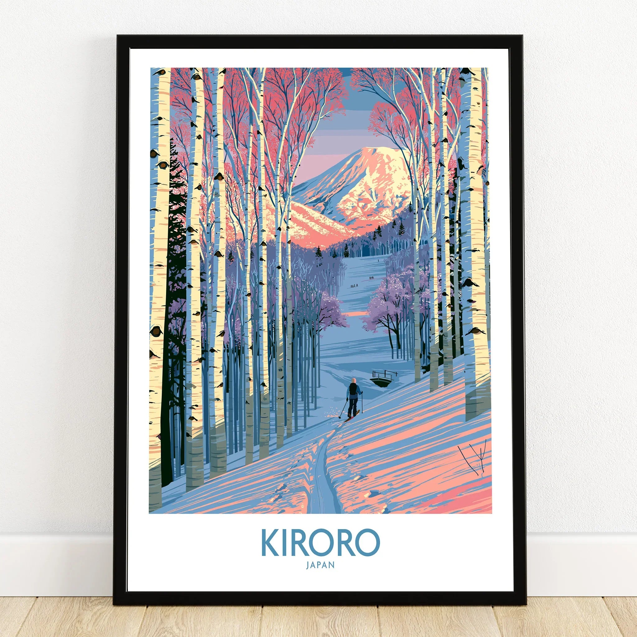 Kiroro Japan Trail Wall Art — art print in black frame on wooden floor
