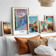 Kiroro Japan Trail Wall Art — set five framed artprints above bed natural wood frames