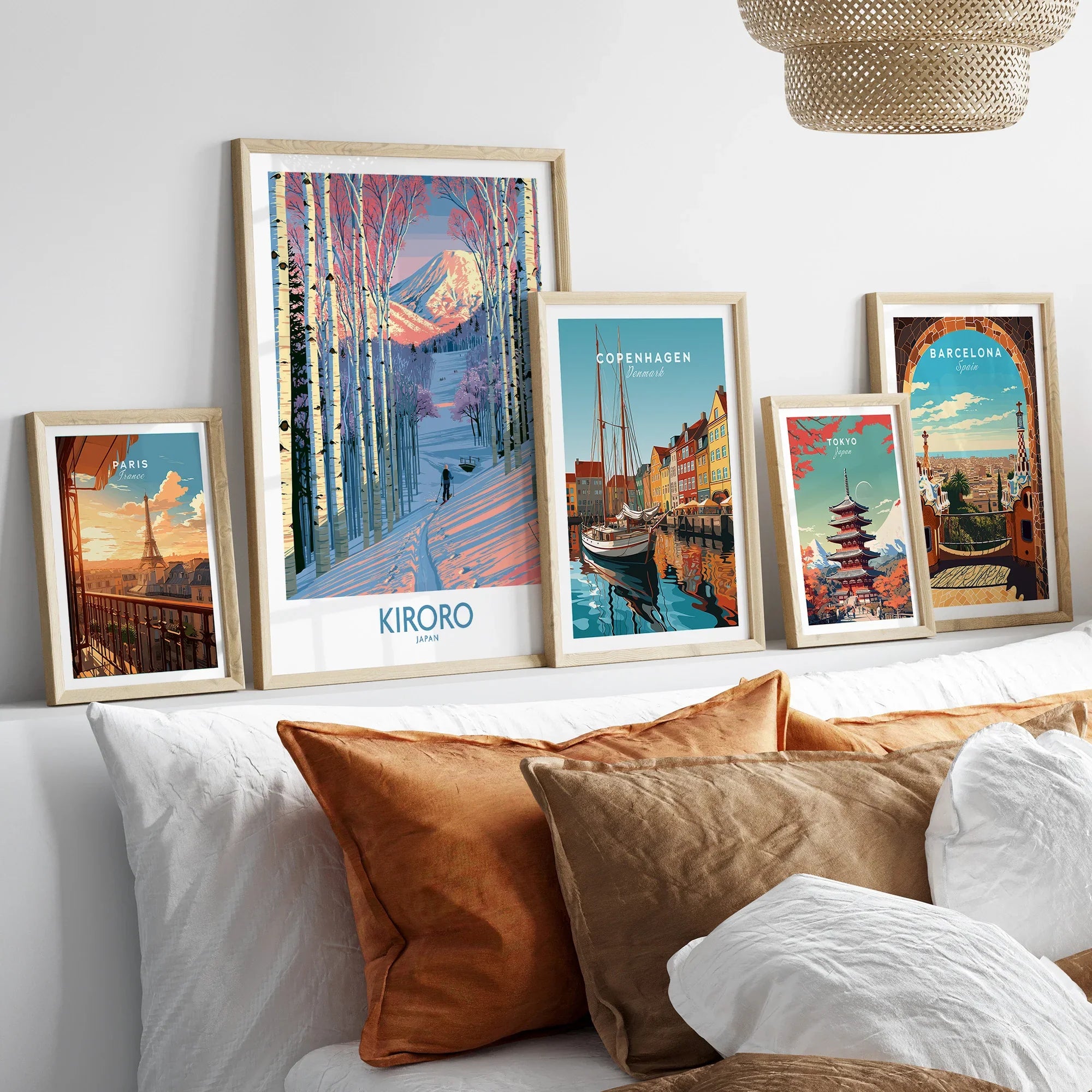 Kiroro Japan Trail Wall Art — set five framed artprints above bed natural wood frames