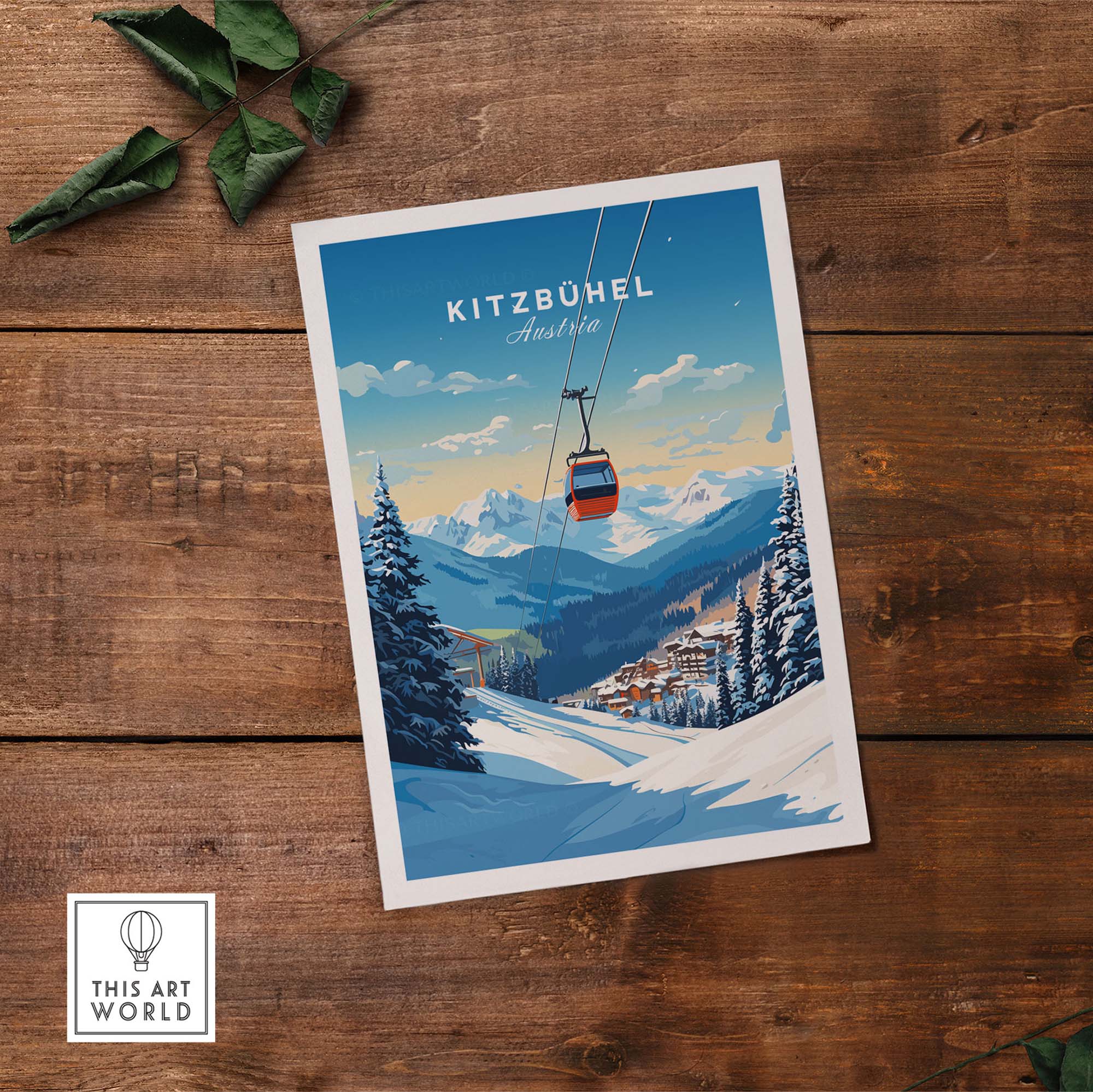 Kitzbuhel art print showcasing a scenic winter landscape and ski lift, perfect for home decor inspired by Austria.