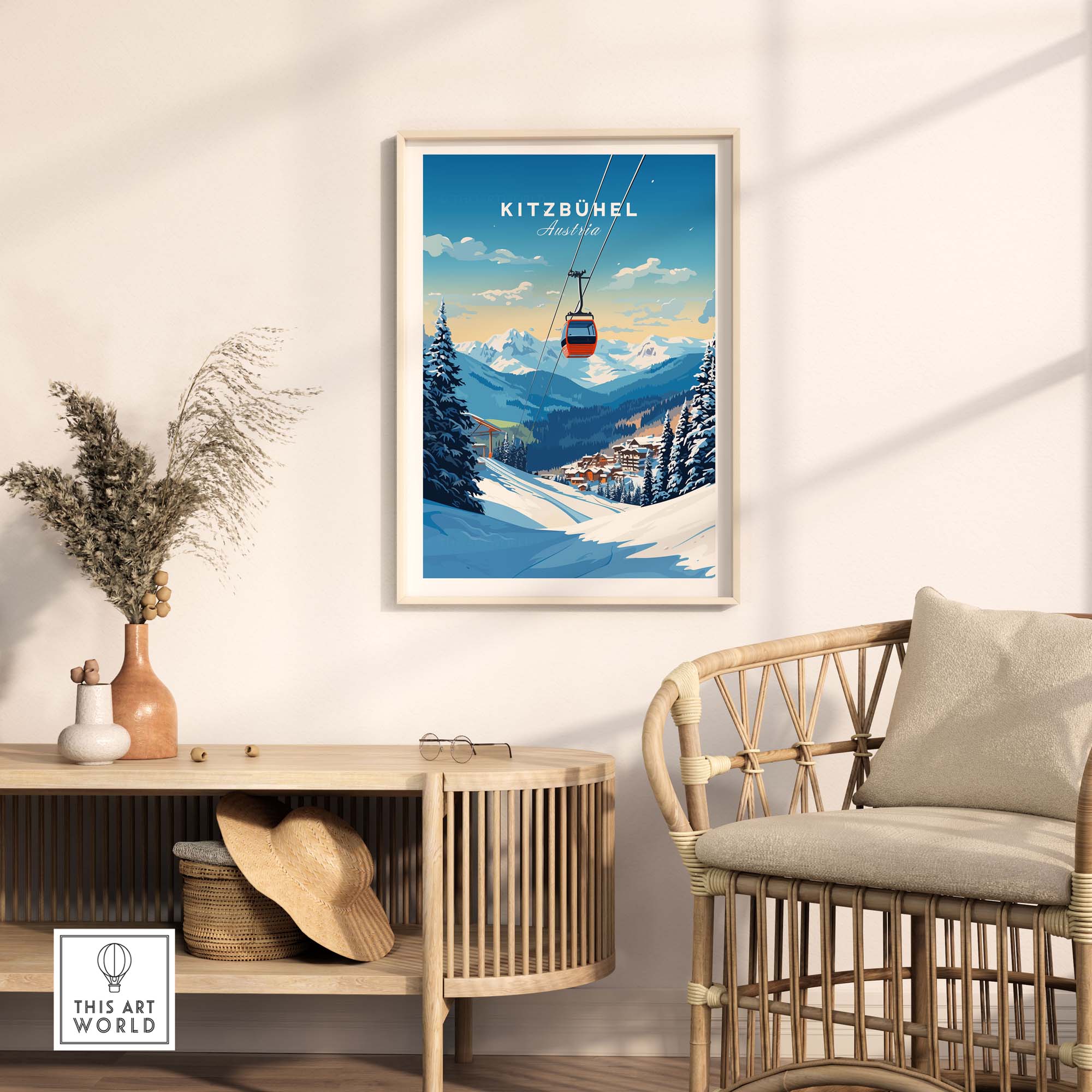 Kitzbuhel art print showcasing a ski lift amidst snowy mountains, perfect for home decor and travelers.