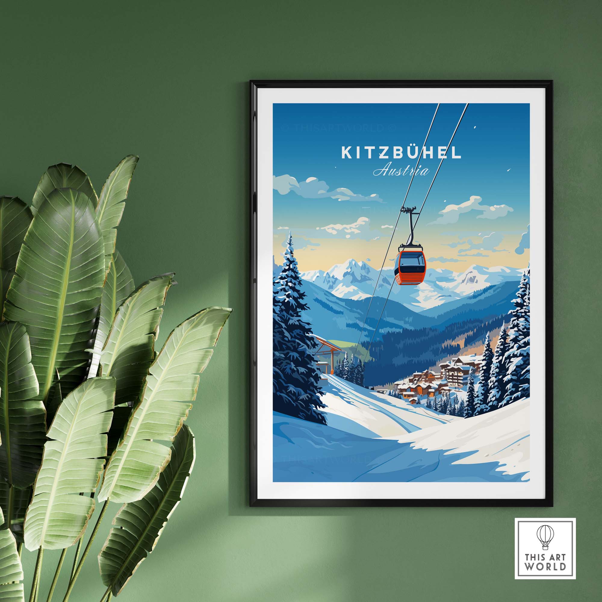 Kitzbuhel Art Print featuring skiing scene in Austria with a gondola and snow-covered mountains.