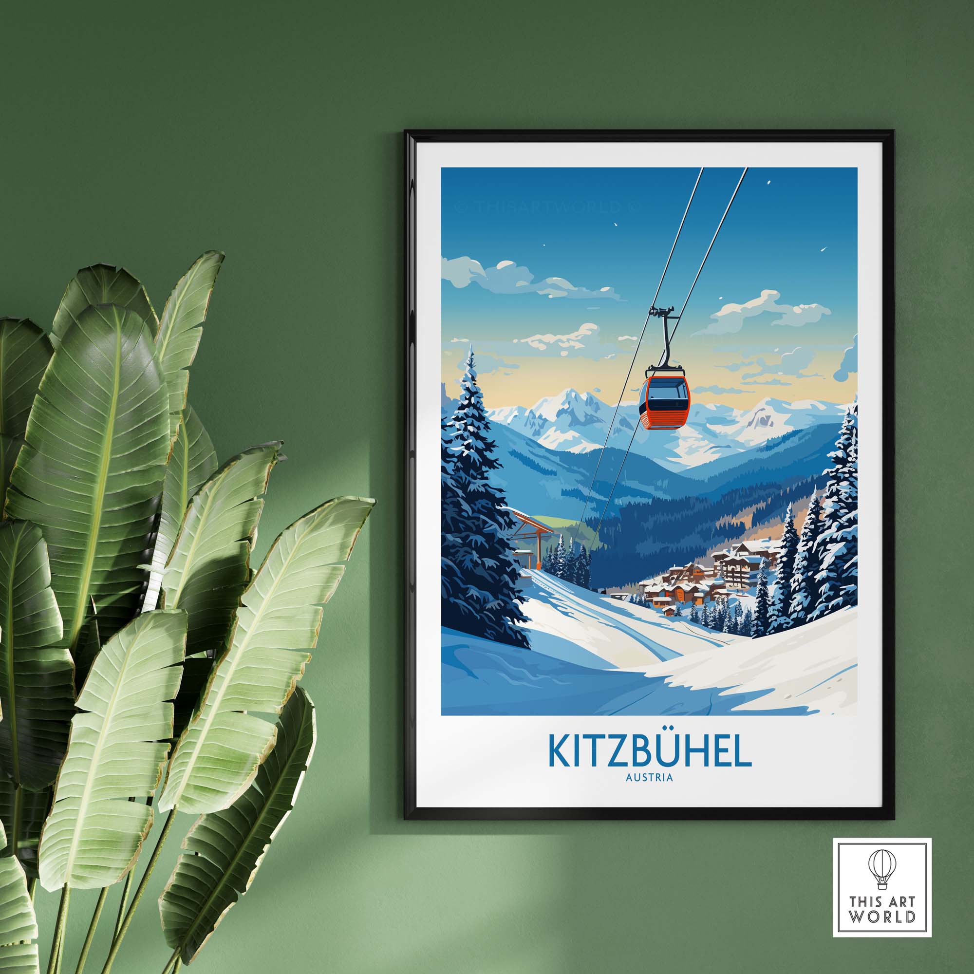 Kitzbuhel Wall Art Print featuring a scenic view of the Austrian Alps and ski gondola, perfect for home decor.